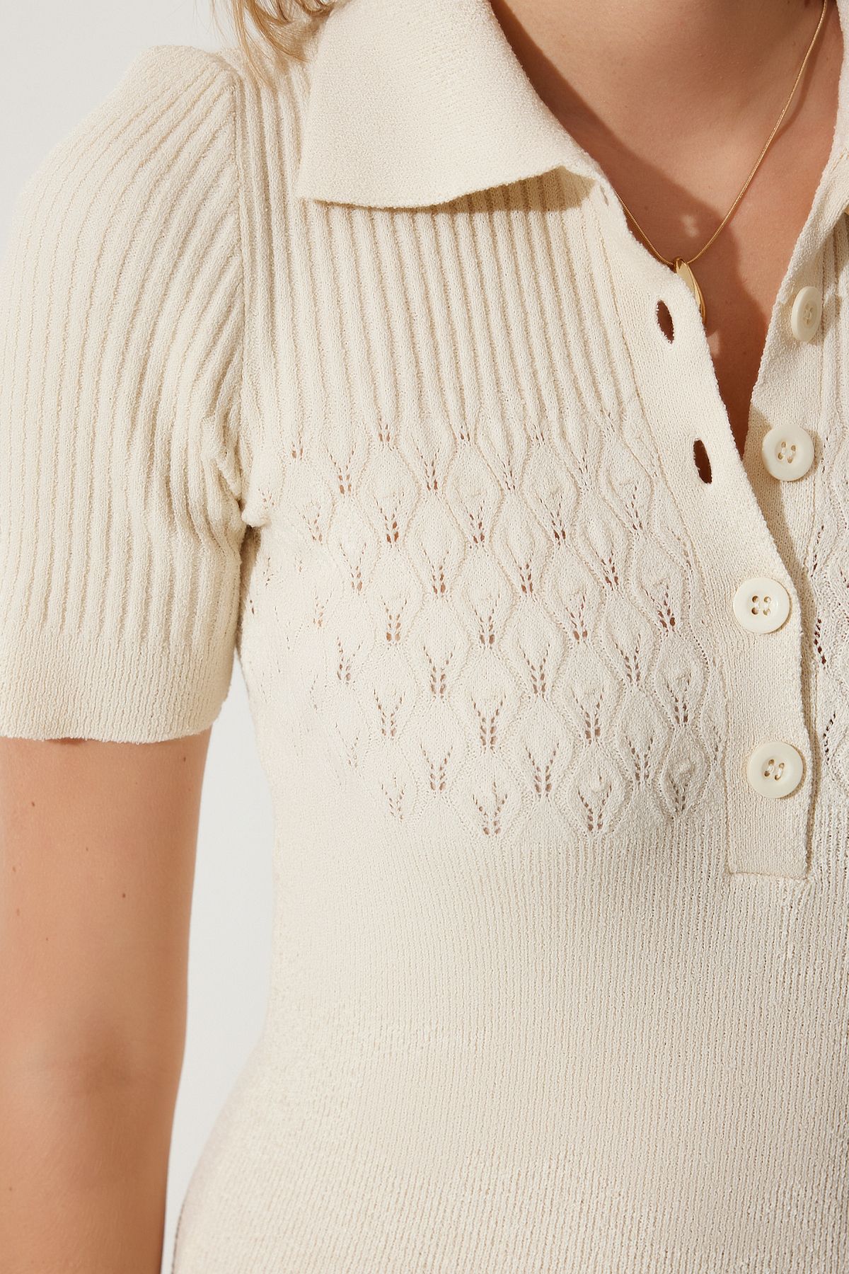 Krem Polo Yaka Triko Elbise YY00215