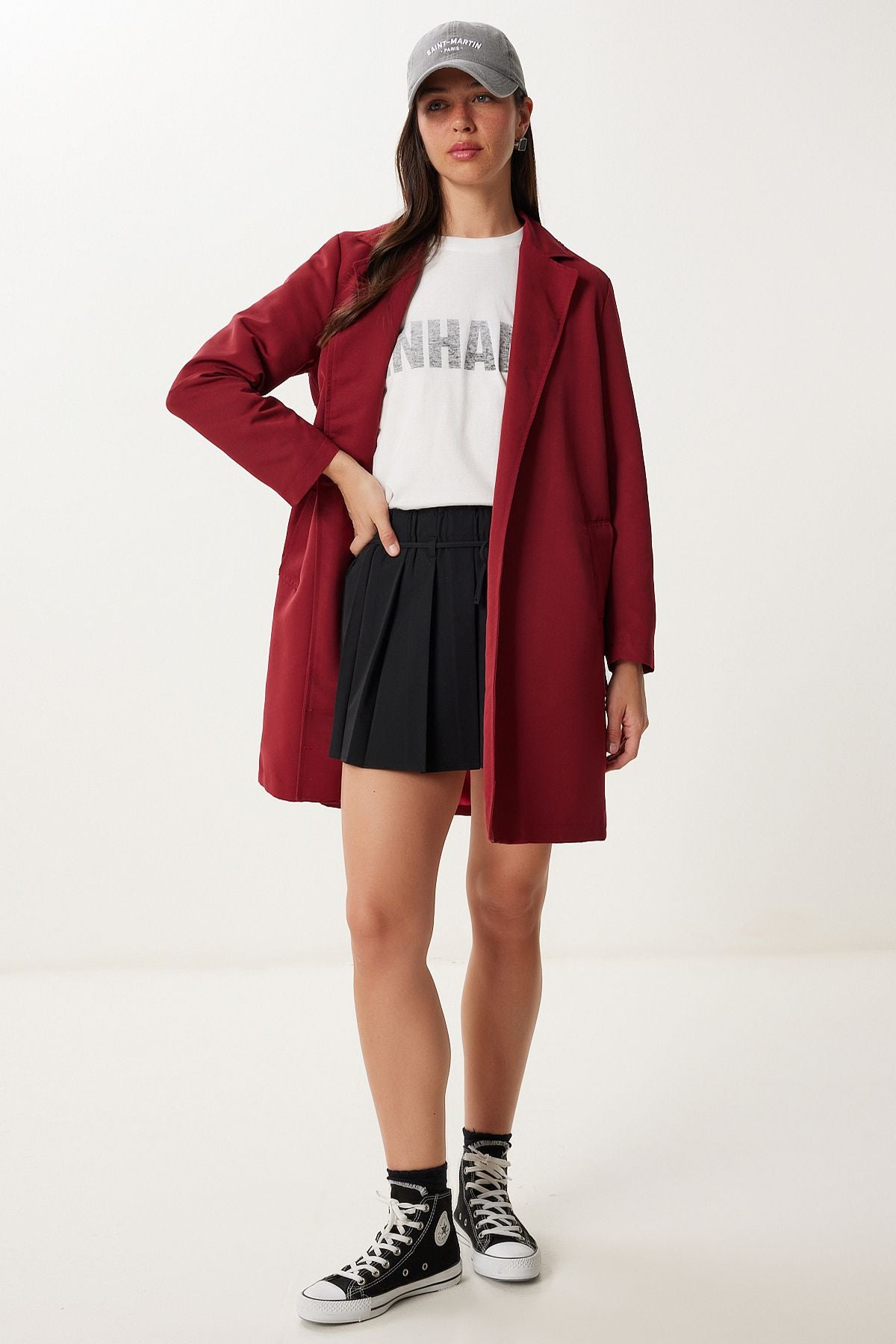 Bordo Kuşaklı Kısa Dokuma Trençkot GP00027
