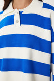 Beyaz Mavi Şık Düğmeli Yaka Çizgili Crop Triko Kazak BV00115