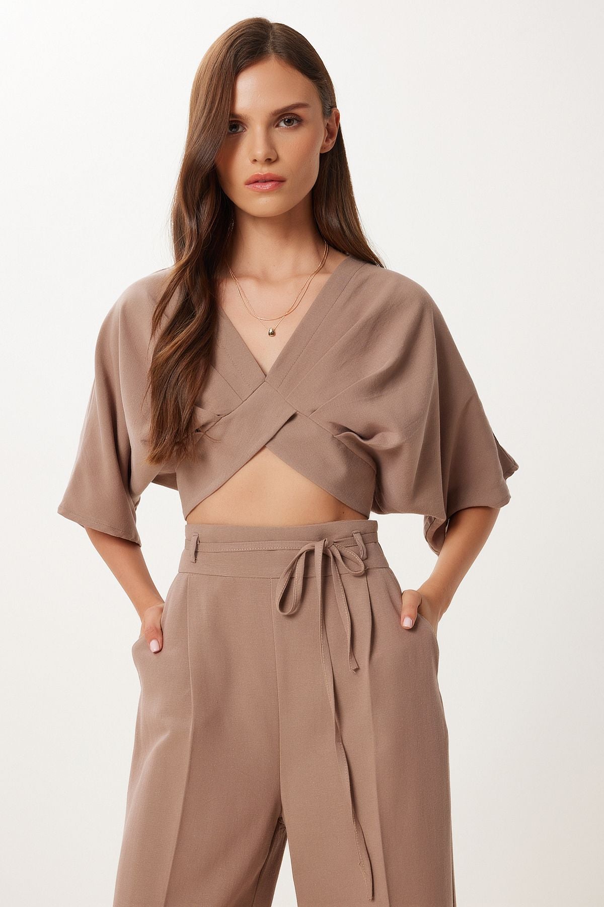 Vizon Keten Crop Bluz Pantolon Takım BV00138
