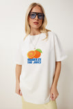 Ekru Oversize Baskılı Örme T-Shirt ZV00281