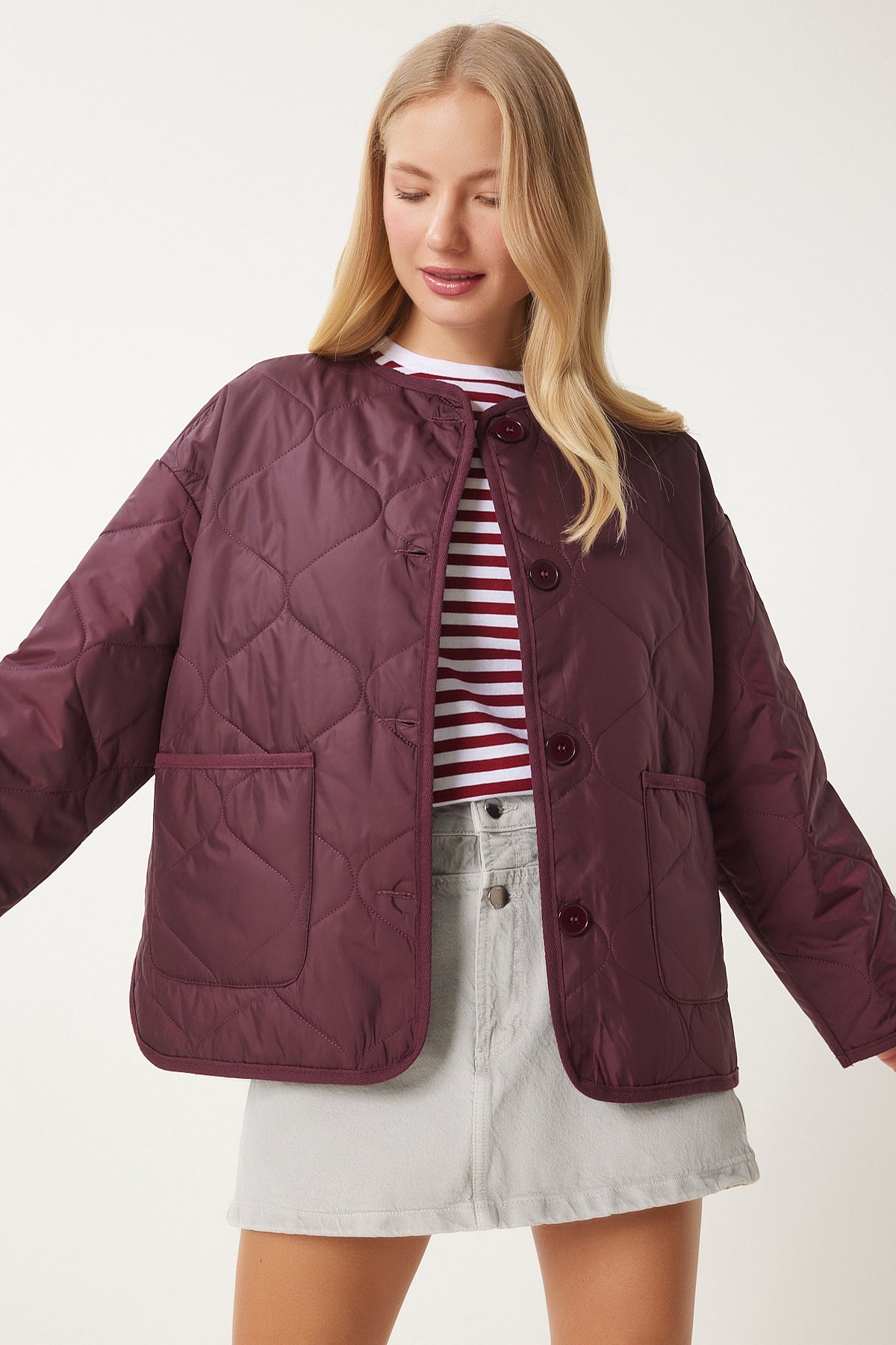 Bordo Geniş Cepli Kapitone Ceket FN03395