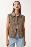 Vizon Kahverengi Leopar Desenli Gömlek Yaka Denim Yelek FN03418