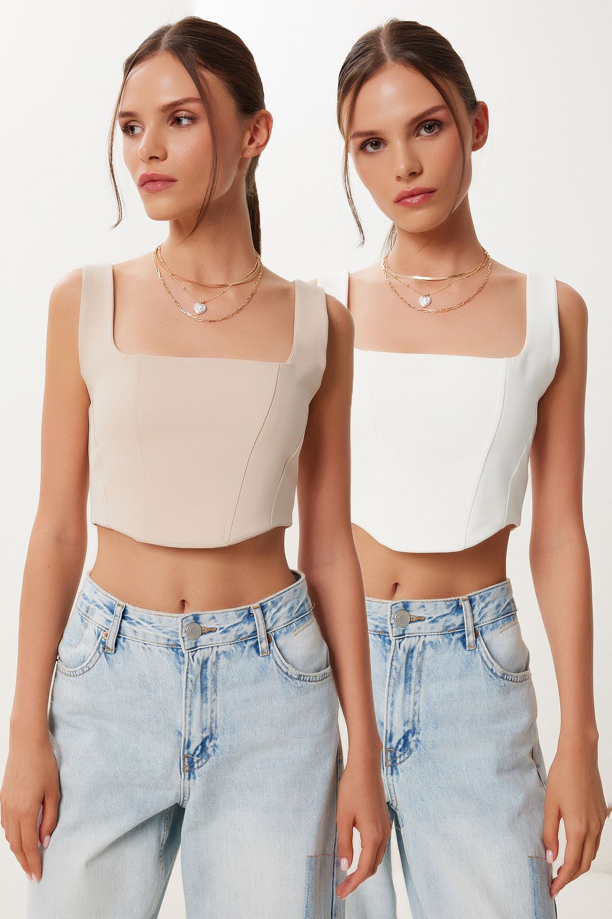 Ekru Krem 2’Li Paket Askılı Crop Dokuma Bluz MX00220