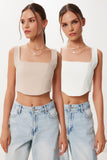 Ekru Krem 2’Li Paket Askılı Crop Dokuma Bluz MX00220