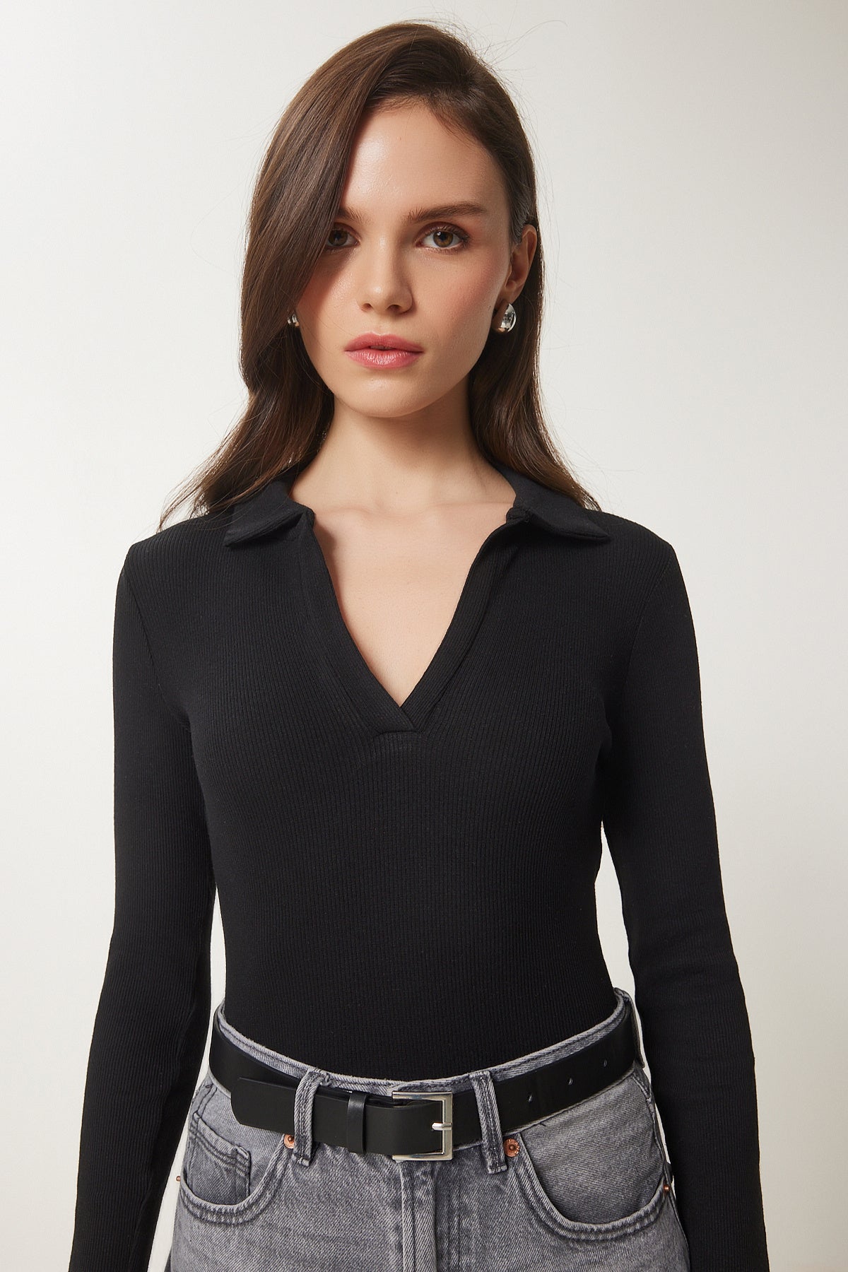 Siyah Polo Yaka Fitilli Örme Bluz GT00111