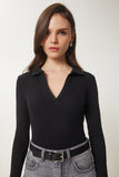 Siyah Polo Yaka Fitilli Örme Bluz GT00111