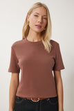 Kahverengi Pamuklu Basic Örme T-Shirt AG00001
