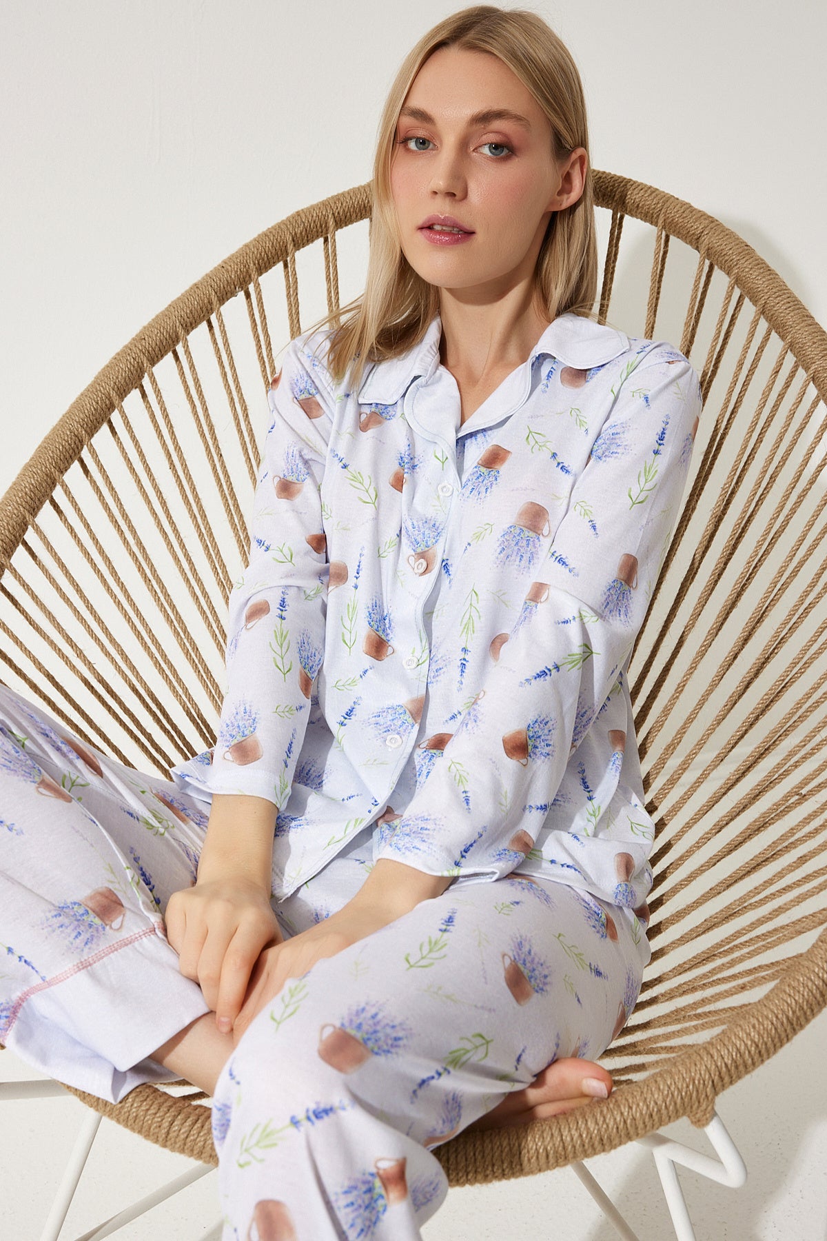 Leylak Desenli Gömlek-Pantolon Örme Pijama Takımı TK00092