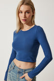 İndigo Mavi Bisiklet Yaka Basic Crop Örme Bluz OW00034