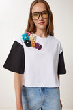 Siyah Beyaz Çiçek Detaylı Crop Örme T-Shirt TP00085