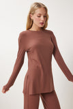 Kahverengi Rahat Fitilli Örme Bluz Pantolon Takım OW00054