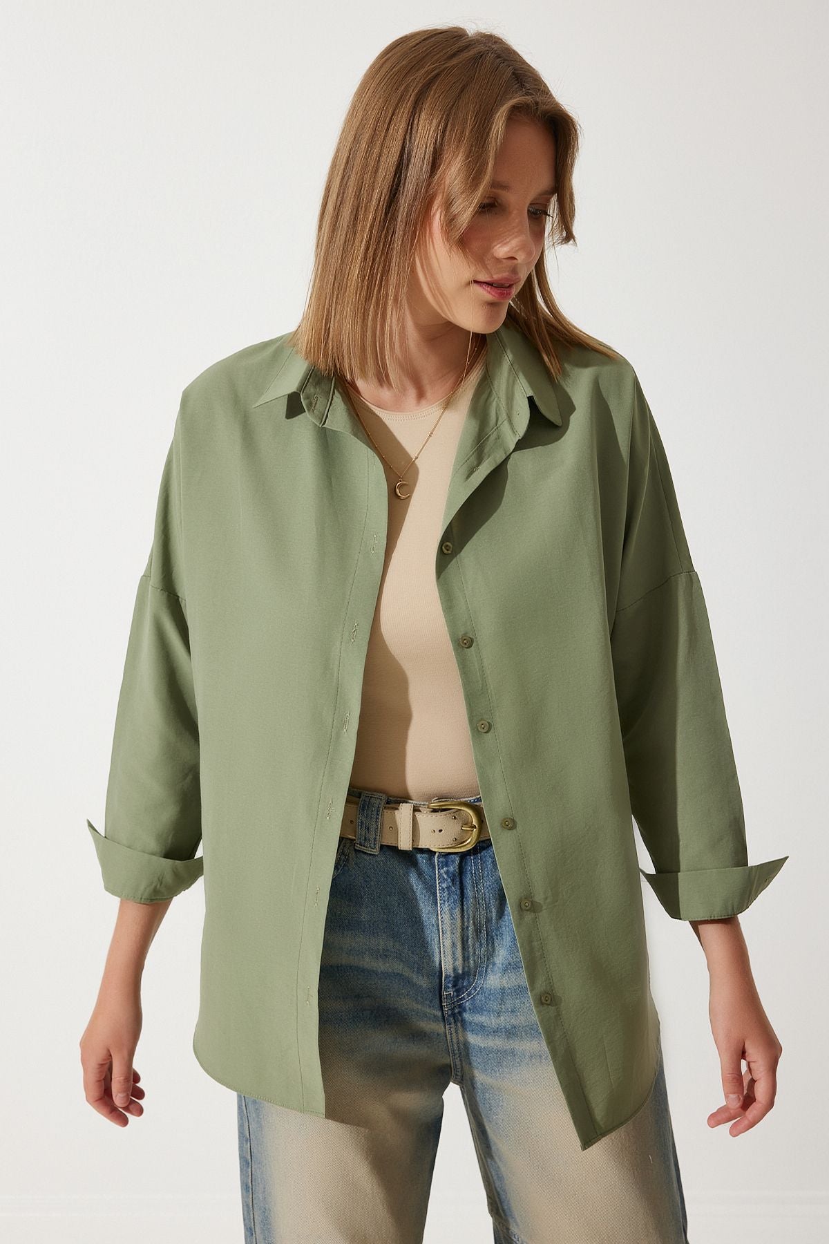 Haki Oversize Uzun Basic Gömlek DD00842