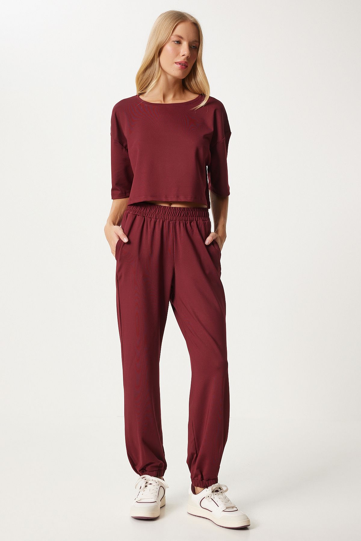 Bordo Crop T-Shirt Jogger Altlı Örme Eşofman Takımı FN03316