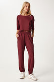 Bordo Crop T-Shirt Jogger Altlı Örme Eşofman Takımı FN03316