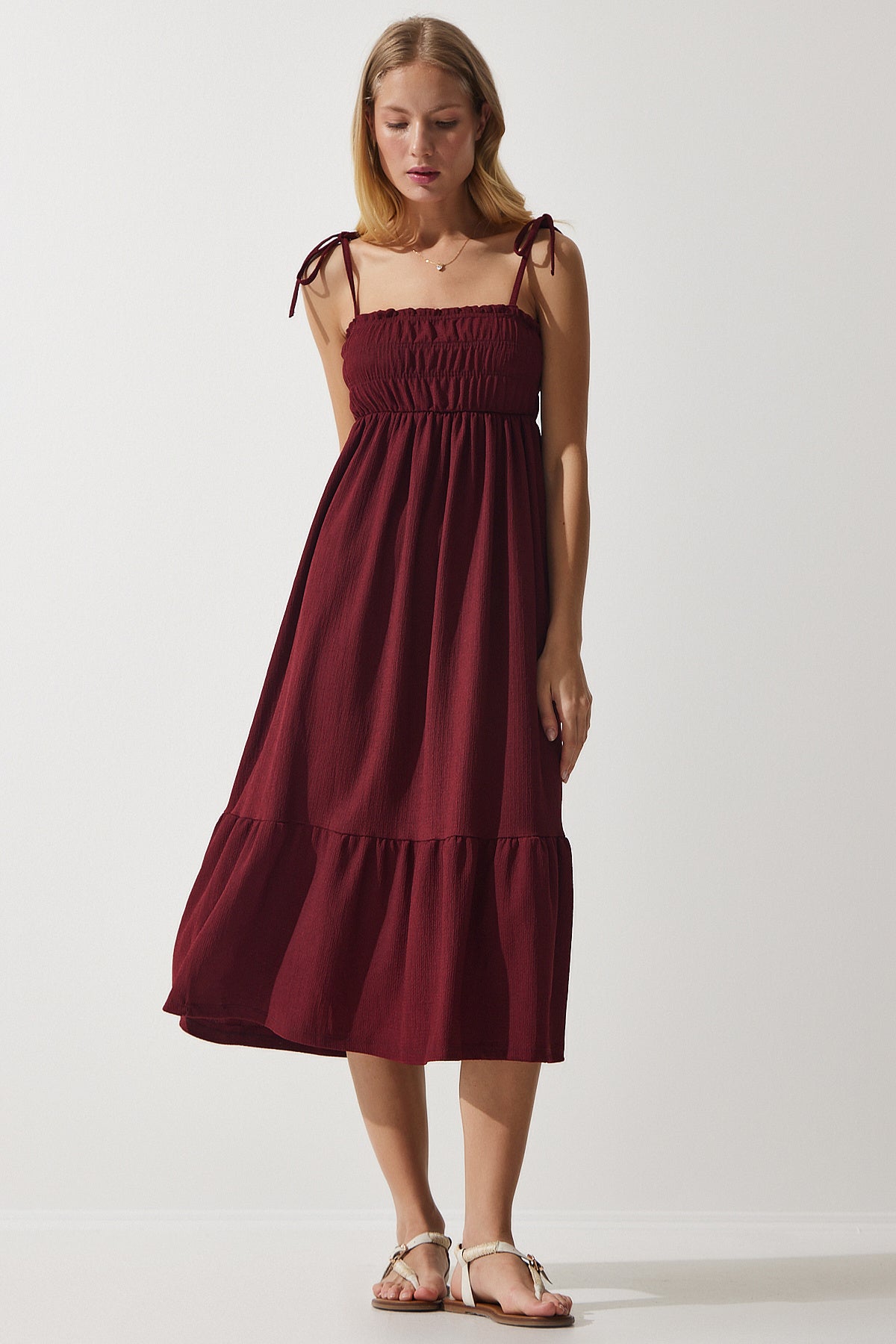 Bordo Askılı Krinkıl Yazlık Örme Elbise UB00250