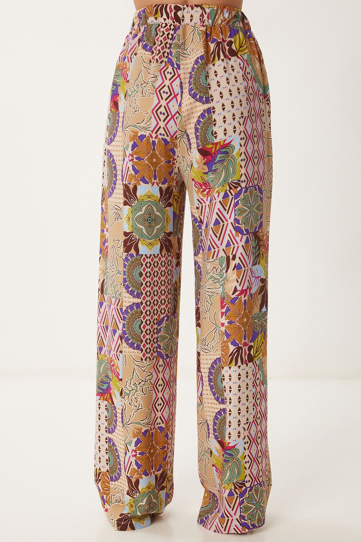 Krem Pembe Desenli Yazlık Geniş Paça Pantolon CR00489