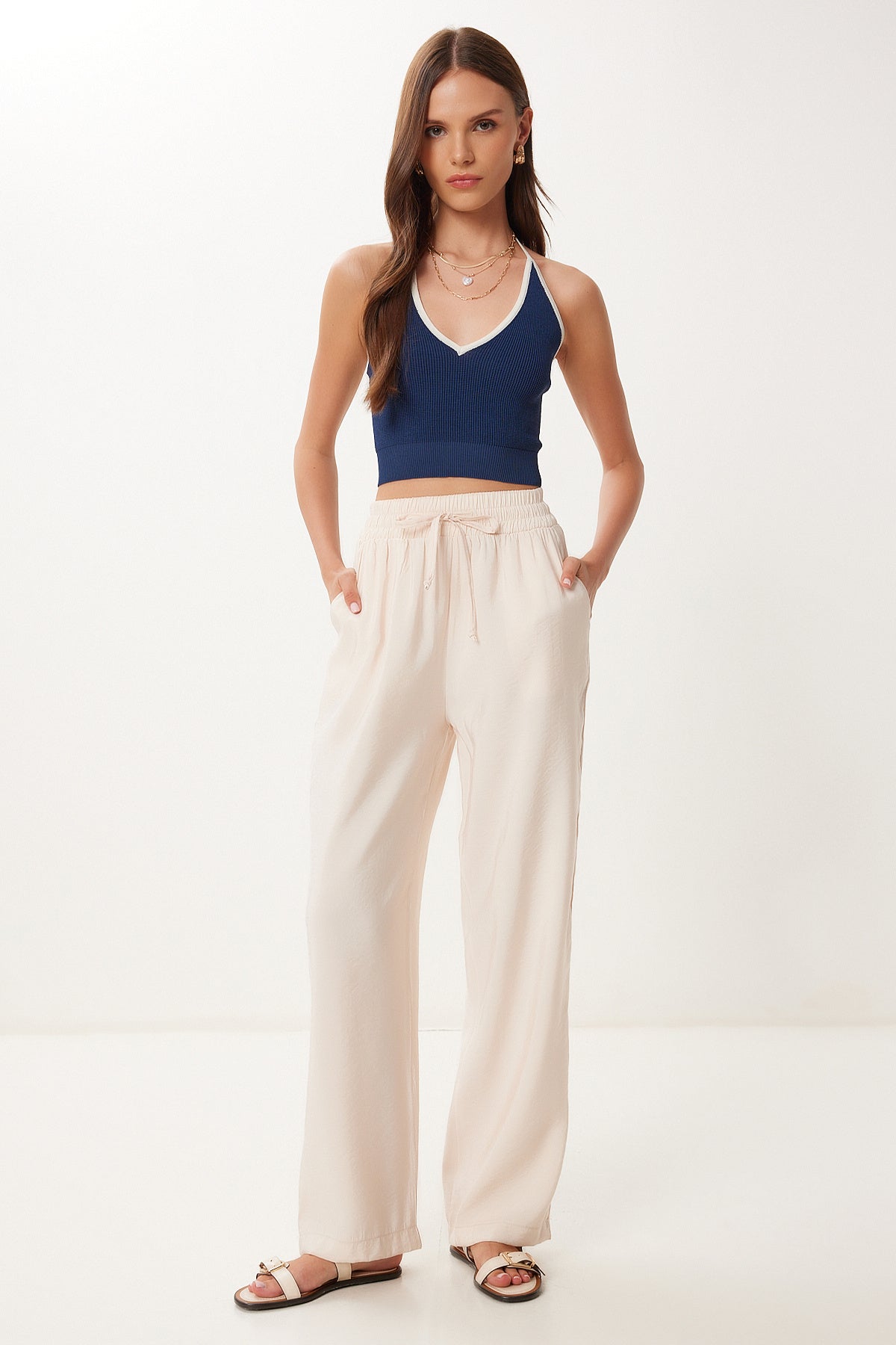 Krem Geniş Paça Yazlık Modal Pantolon BV00157