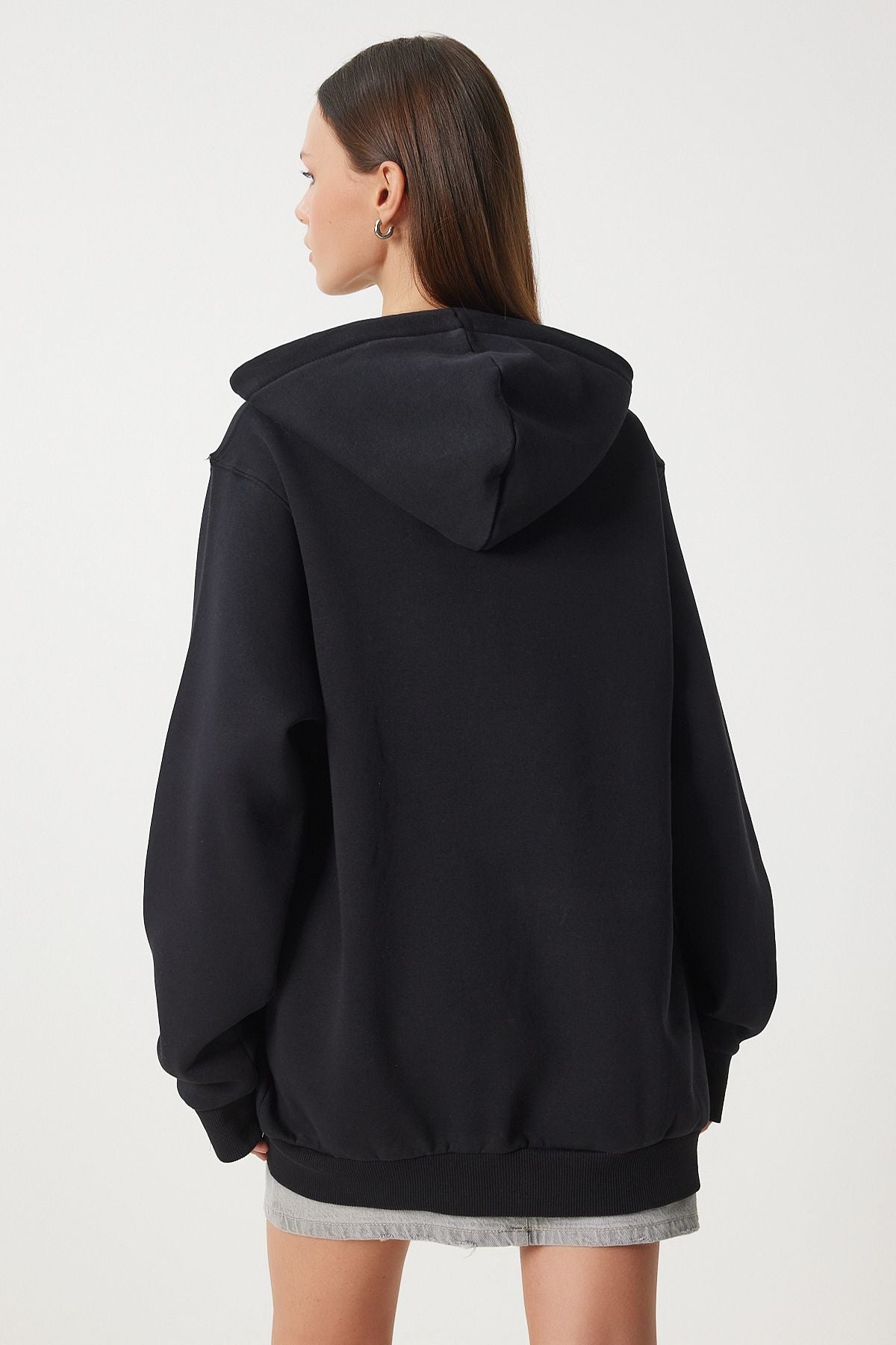 Siyah Kapüşonlu Şardonlu Fermuarlı Oversize Sweatshirt VN00015