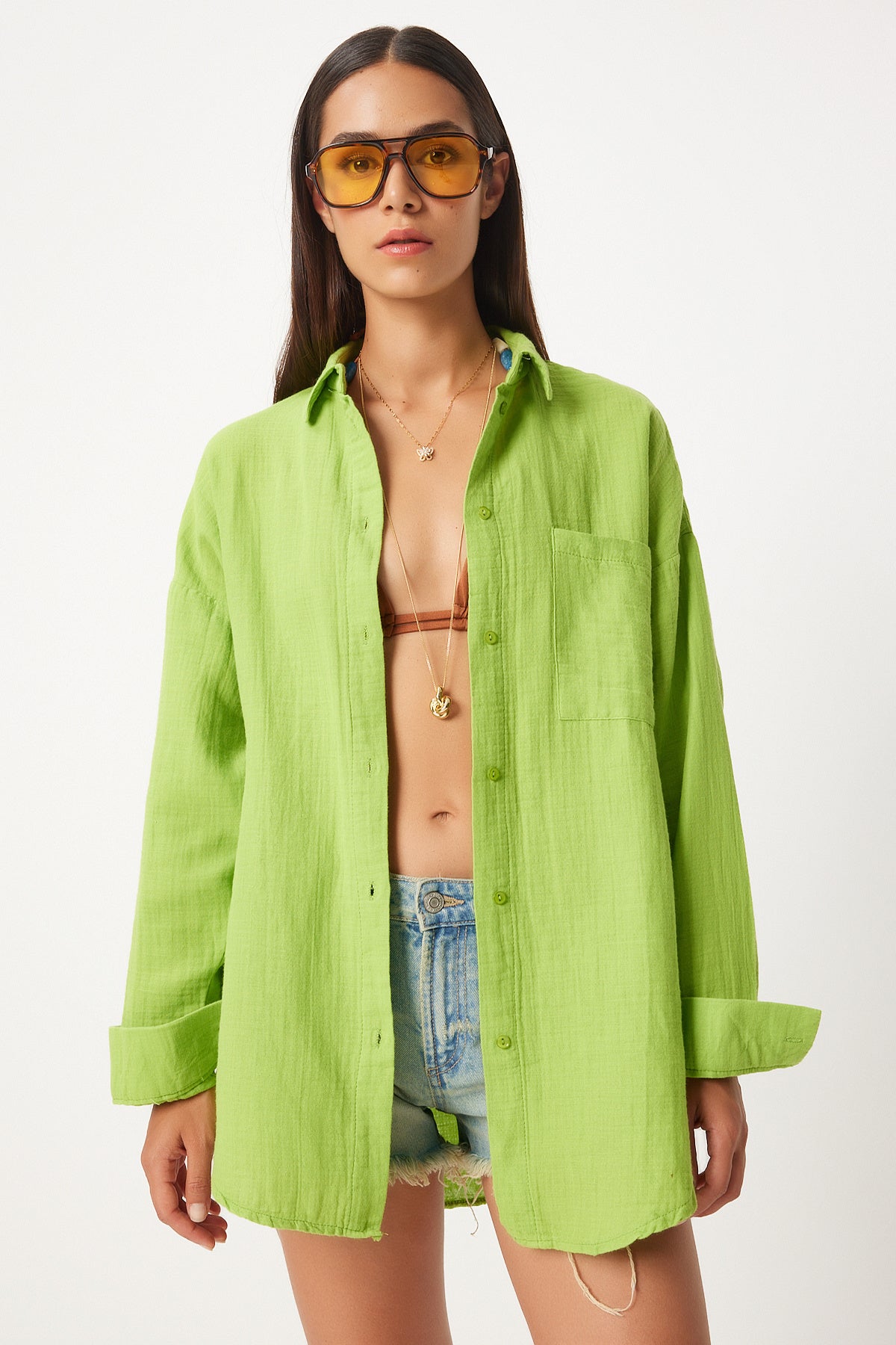 Fıstık Yeşili Oversize Basic Müslin Gömlek  MX00150