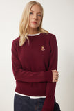 Bordo Ayıcık İşlemeli Triko Kazak DP00230