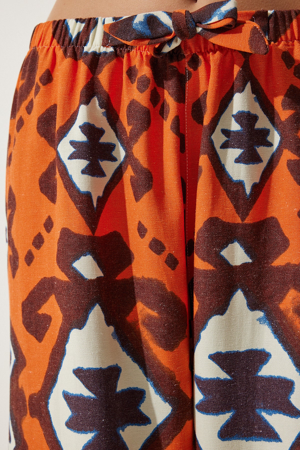 Oranj Desenli Ham Keten Palazzo Pantolon BH00397