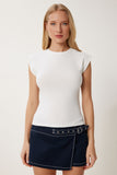 Ekru Kolsuz Esnek Örme T-Shirt ZV00307