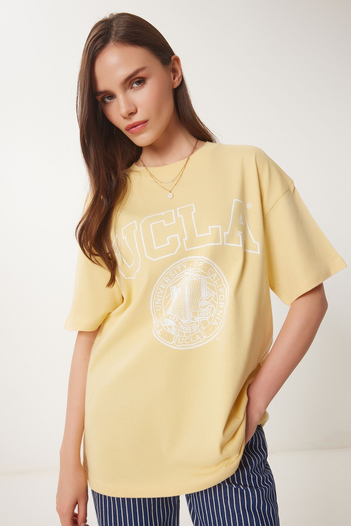 Sarı Oversize Baskılı Örme T-Shirt WO00050