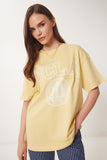 Sarı Oversize Baskılı Örme T-Shirt WO00050