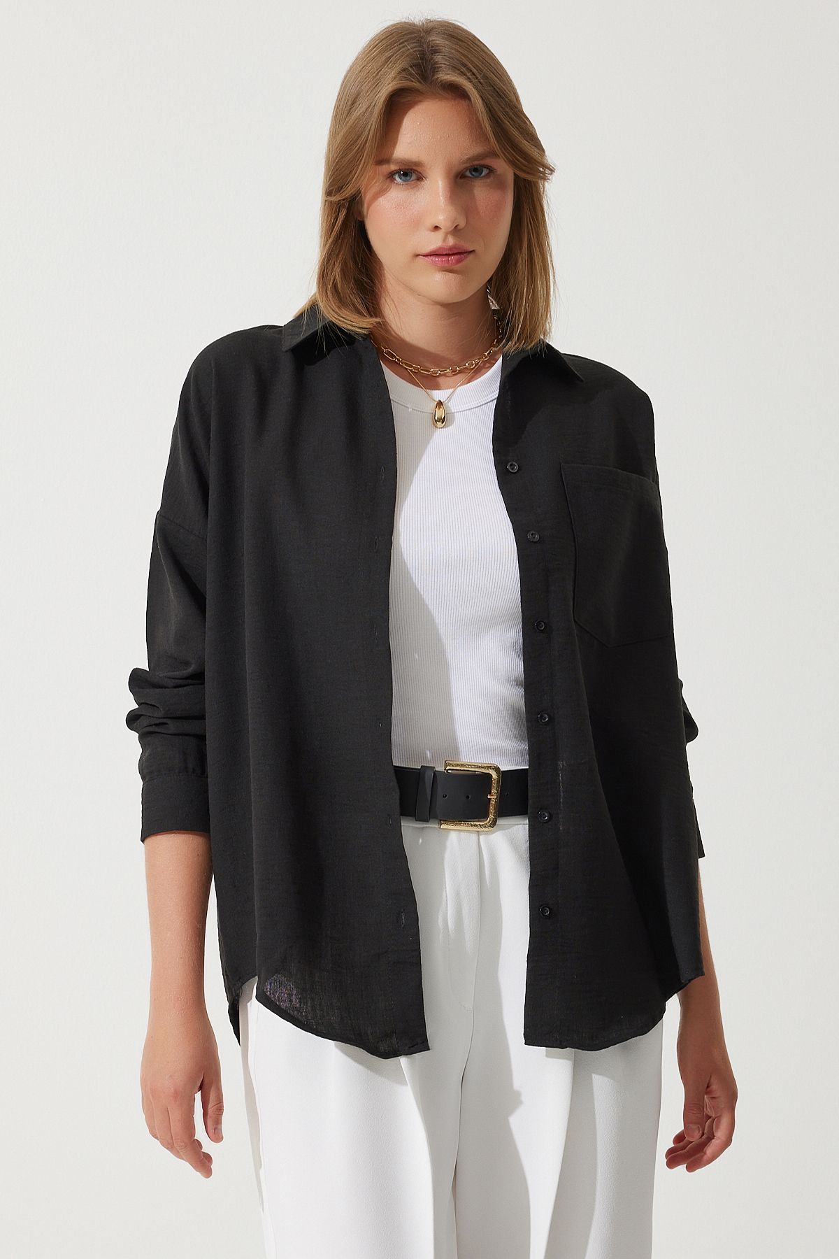 Siyah Oversize Keten Ayrobin Gömlek DD01222