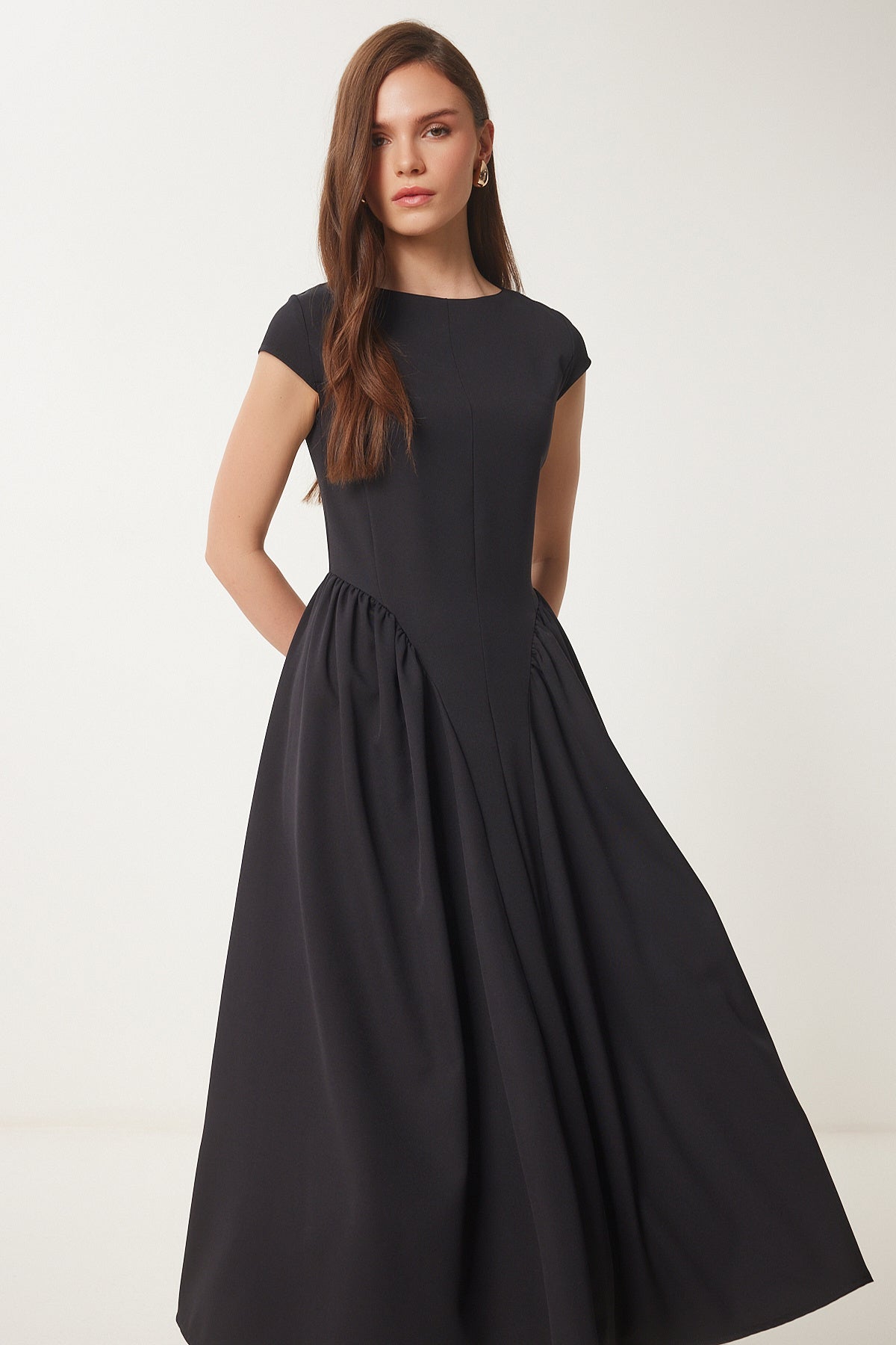 Siyah Midi Poplin Elbise UB00359