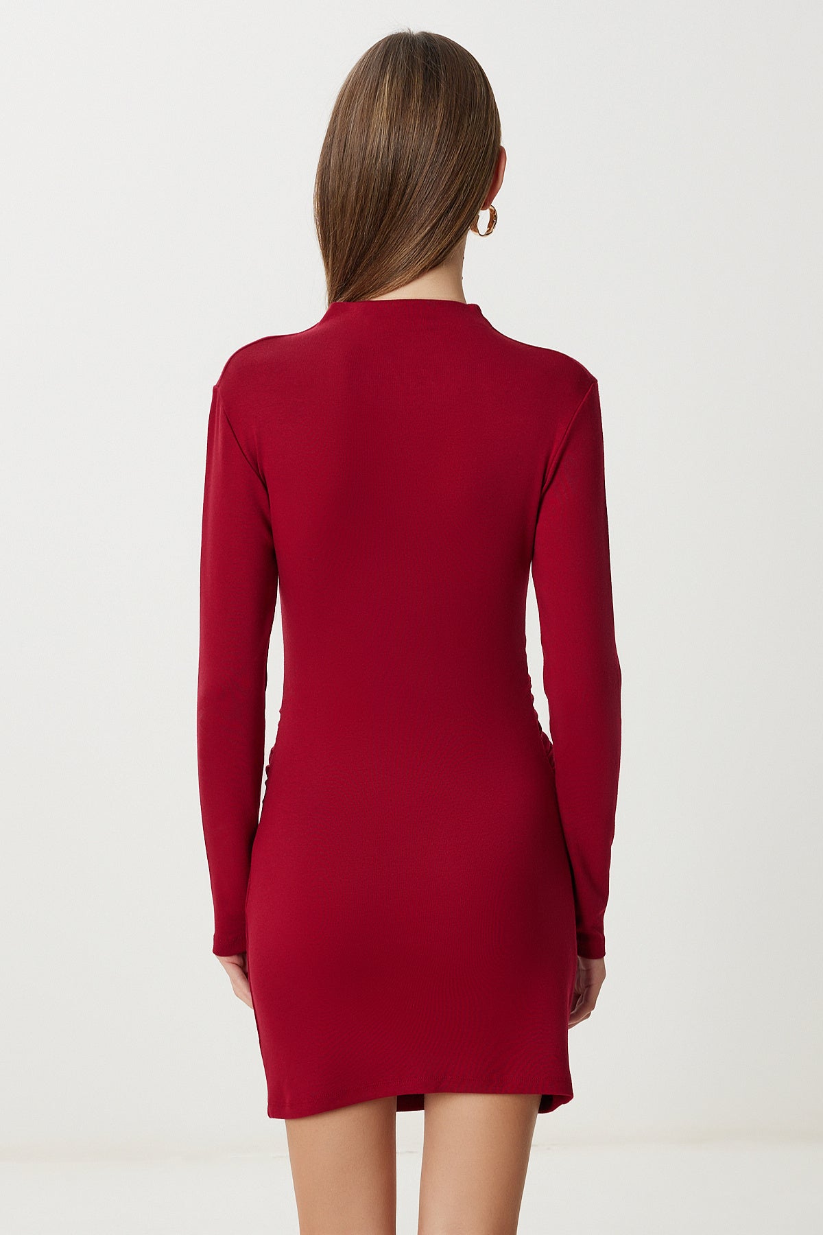 Bordo Büzgülü Esnek Mini Örme Elbise UB00474