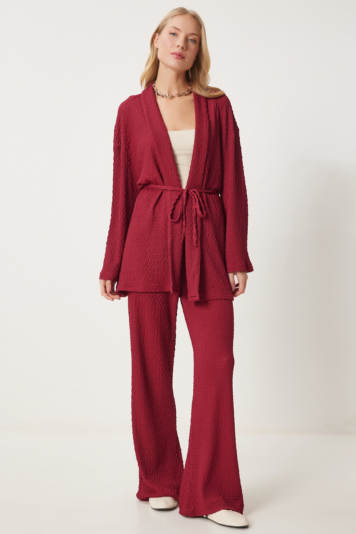Bordo Dokulu Örme Kimono Pantolon Takım RG00046