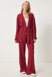 Bordo Dokulu Örme Kimono Pantolon Takım RG00046