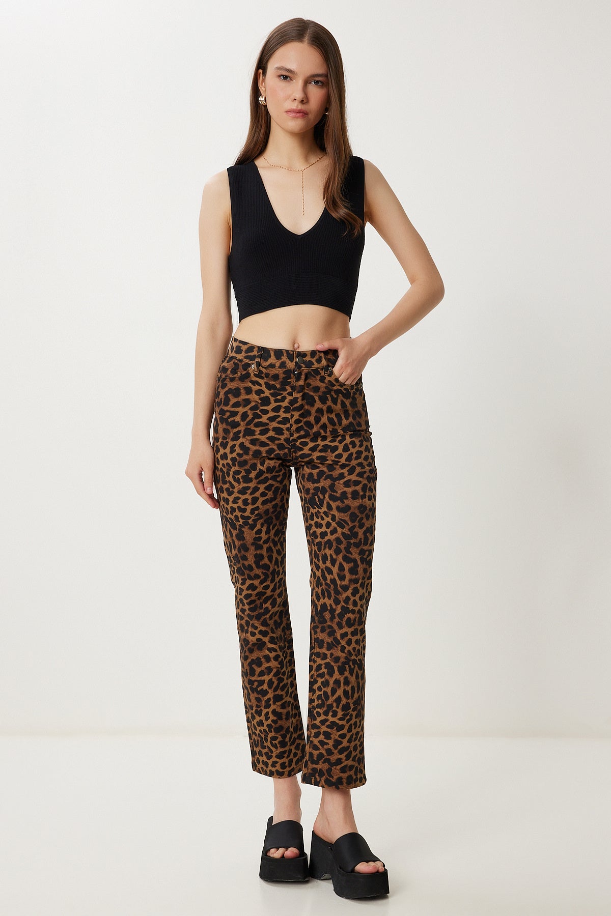 Siyah Bej Leopar Desenli Gabardin Pantolon WF00125