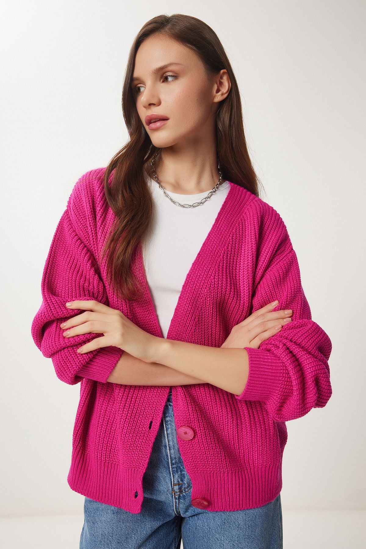 Koyu Pembe V Yaka Düğmeli Triko Hırka MX00175