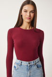 Bordo Bisiklet Yaka Basic Örme Bluz CR00439