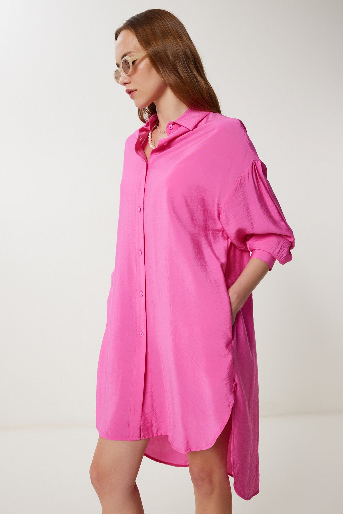 Koyu Pembe Oversize Midi Ayrobin Gömlek Elbise WF00106
