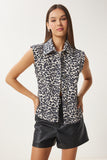 Ekru Siyah Leopar Desenli Gömlek Yaka Denim Yelek FN03418