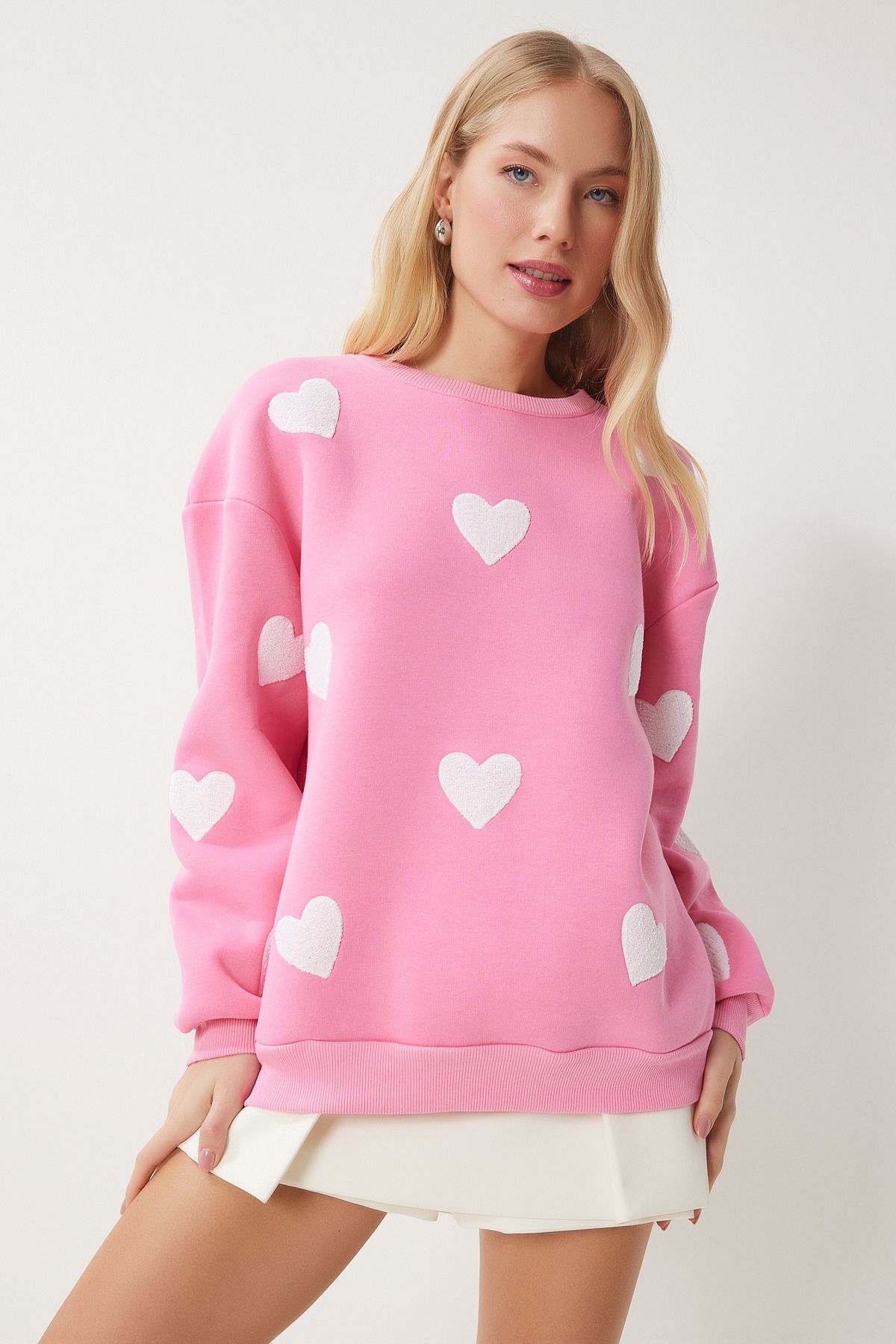 Pembe Kalpli Dokulu Şardonlu Örme Sweatshirt MP00030