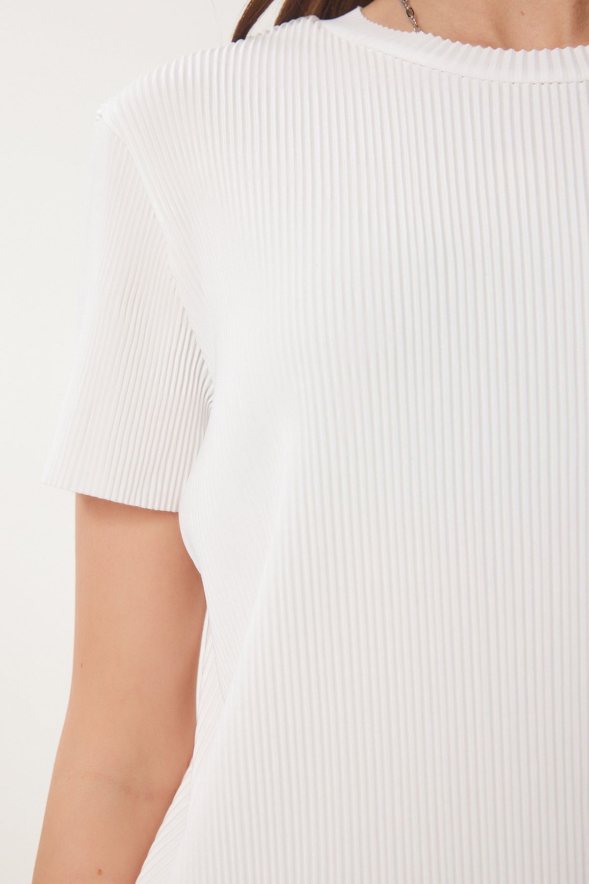 Beyaz Basic Fitilli Örme Bluz HF00468