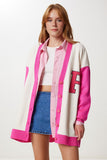 Pembe Kemik Oversize Kontrast Renkli Triko Hırka YY00262