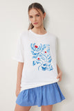 Ekru Baskılı Oversize Örme T-Shirt ZV00292