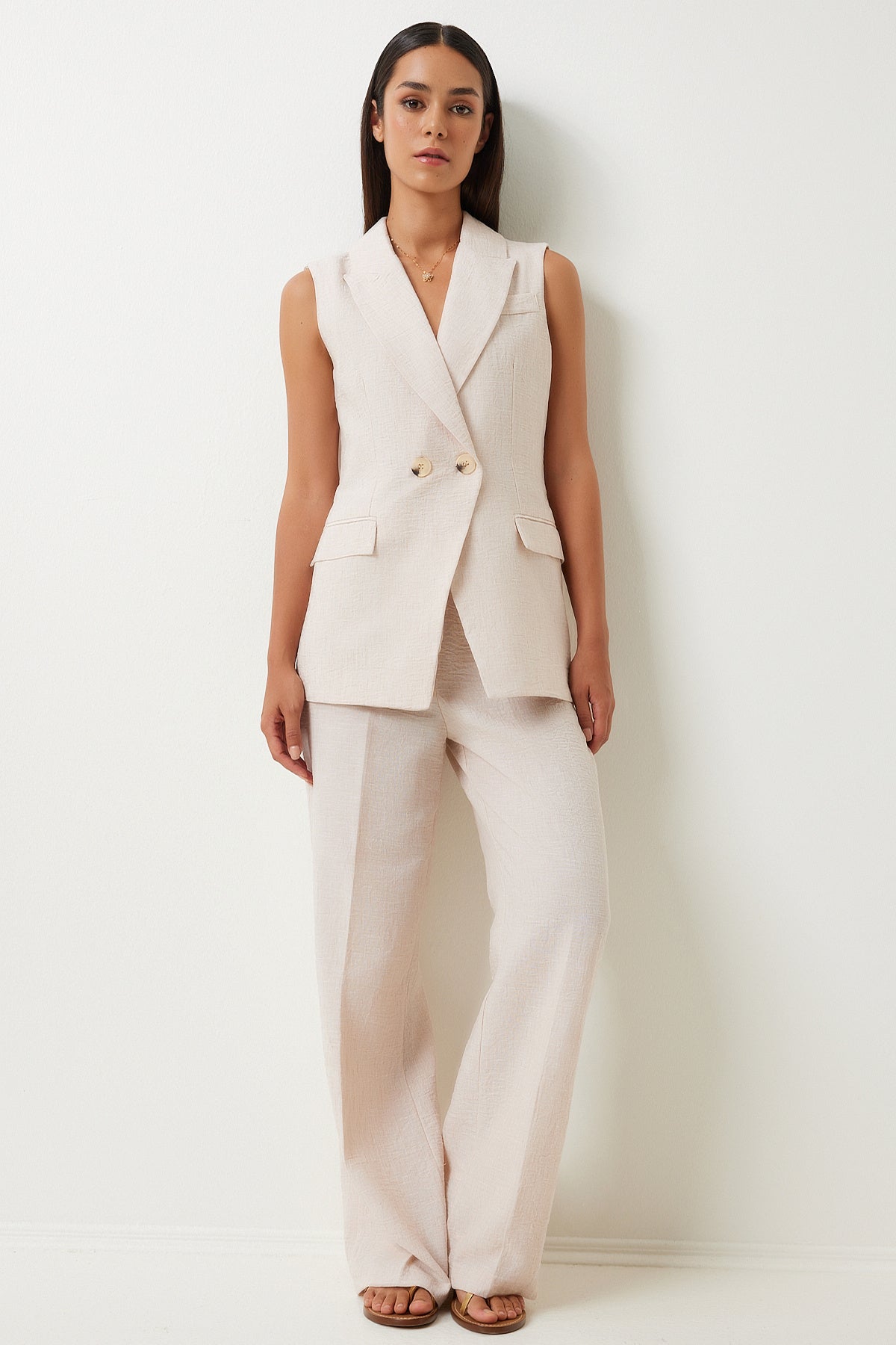 Krem Şal Yaka Oversize Yelek Pantolon Takım  FN03230