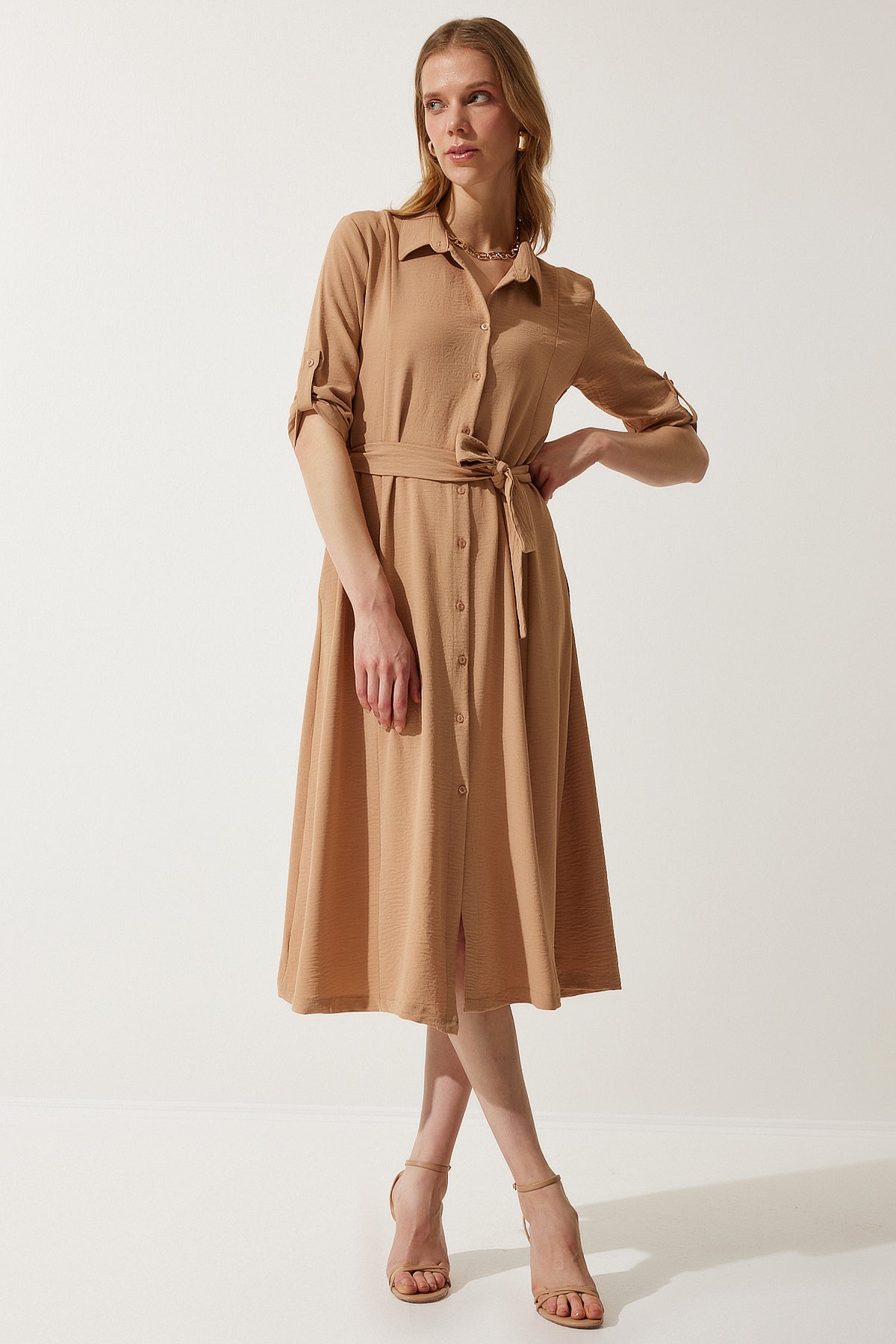 Camel Kuşaklı Gömlek Elbise DD01256