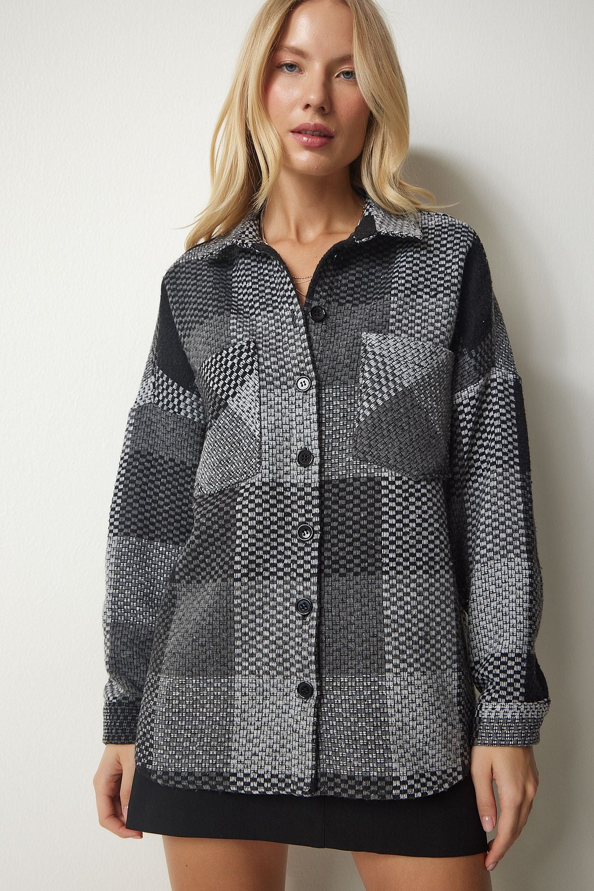 Gri Siyah Desenli Oversize Kaşe Oduncu Gömlek TU00034