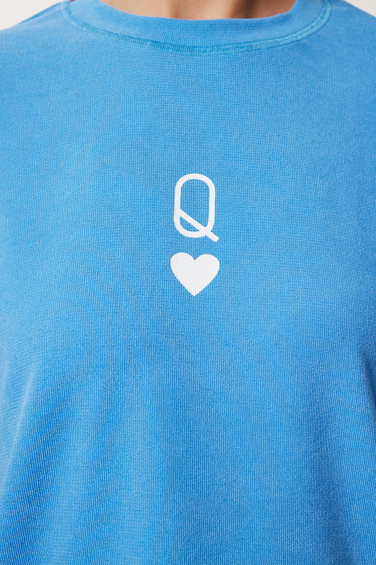 Gök Mavi Baskılı Oversize Örme T-Shirt AN00245