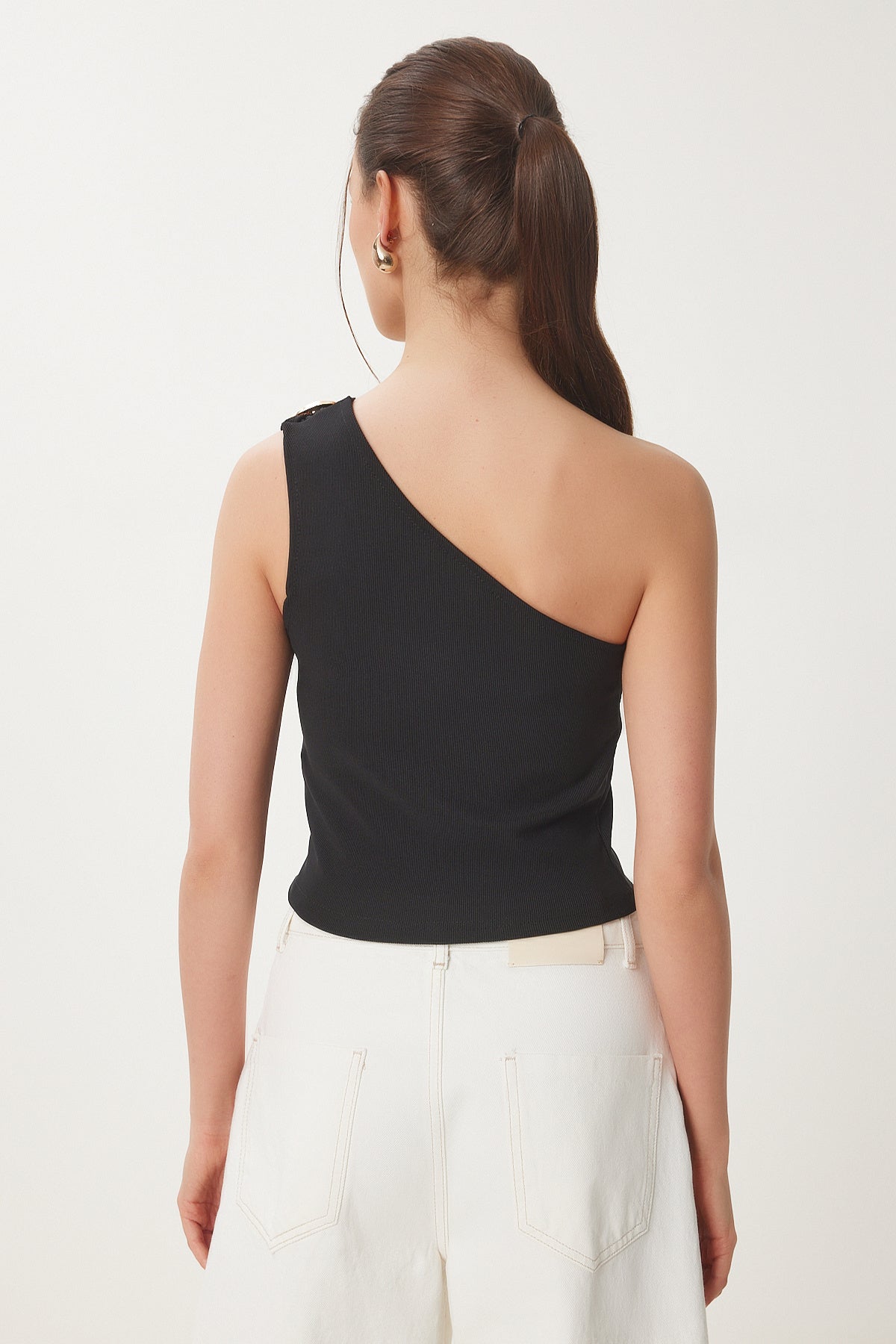 Siyah Tek Omuz Tokalı Fitilli Crop Bluz KH00096