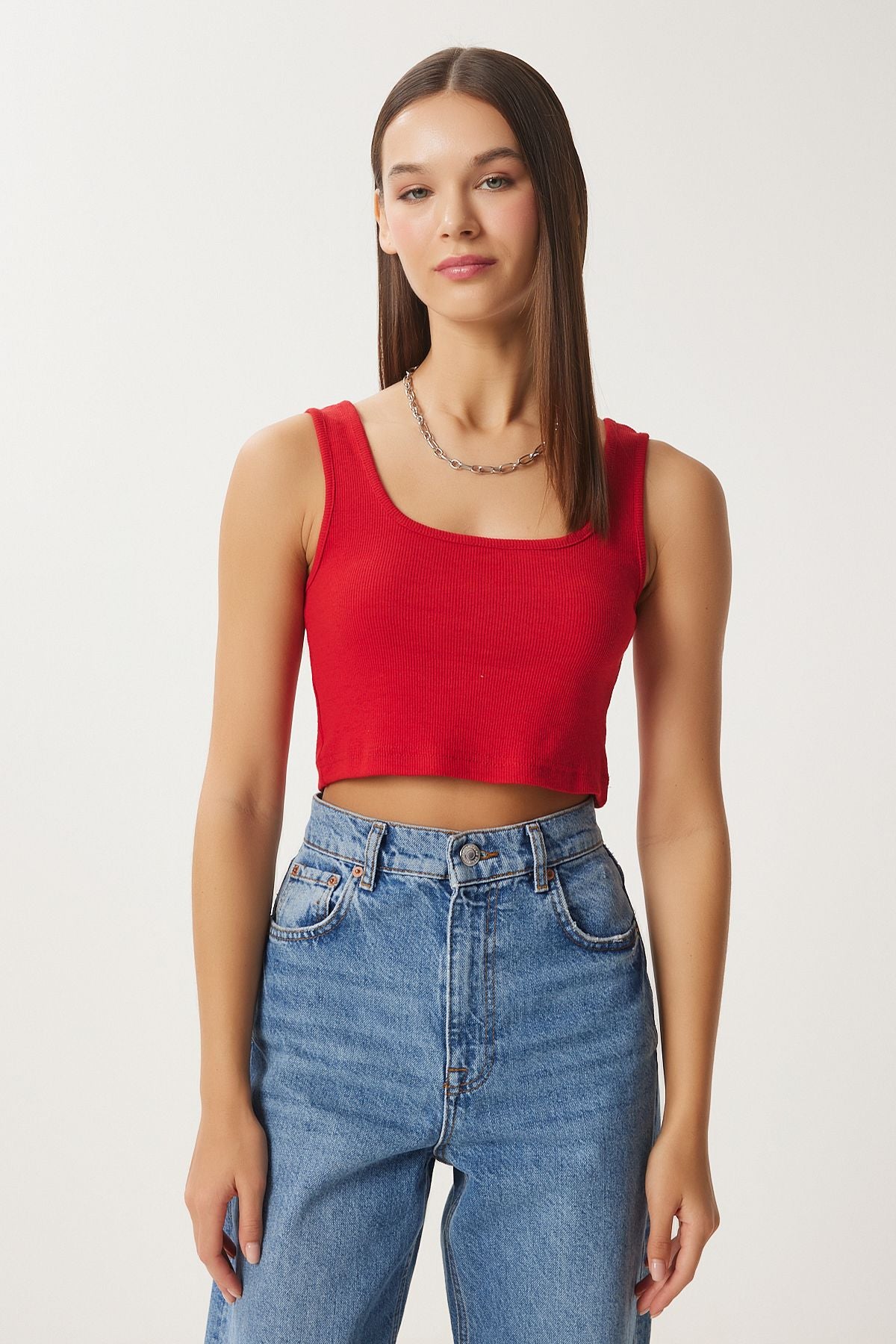 Kırmızı Gri Melanj Koyu Mavi 3'lü Paket Askılı Crop Örme Bluz GT00200