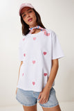 Beyaz Kalp Nakışlı Pamuklu Örme T-Shirt AN00244